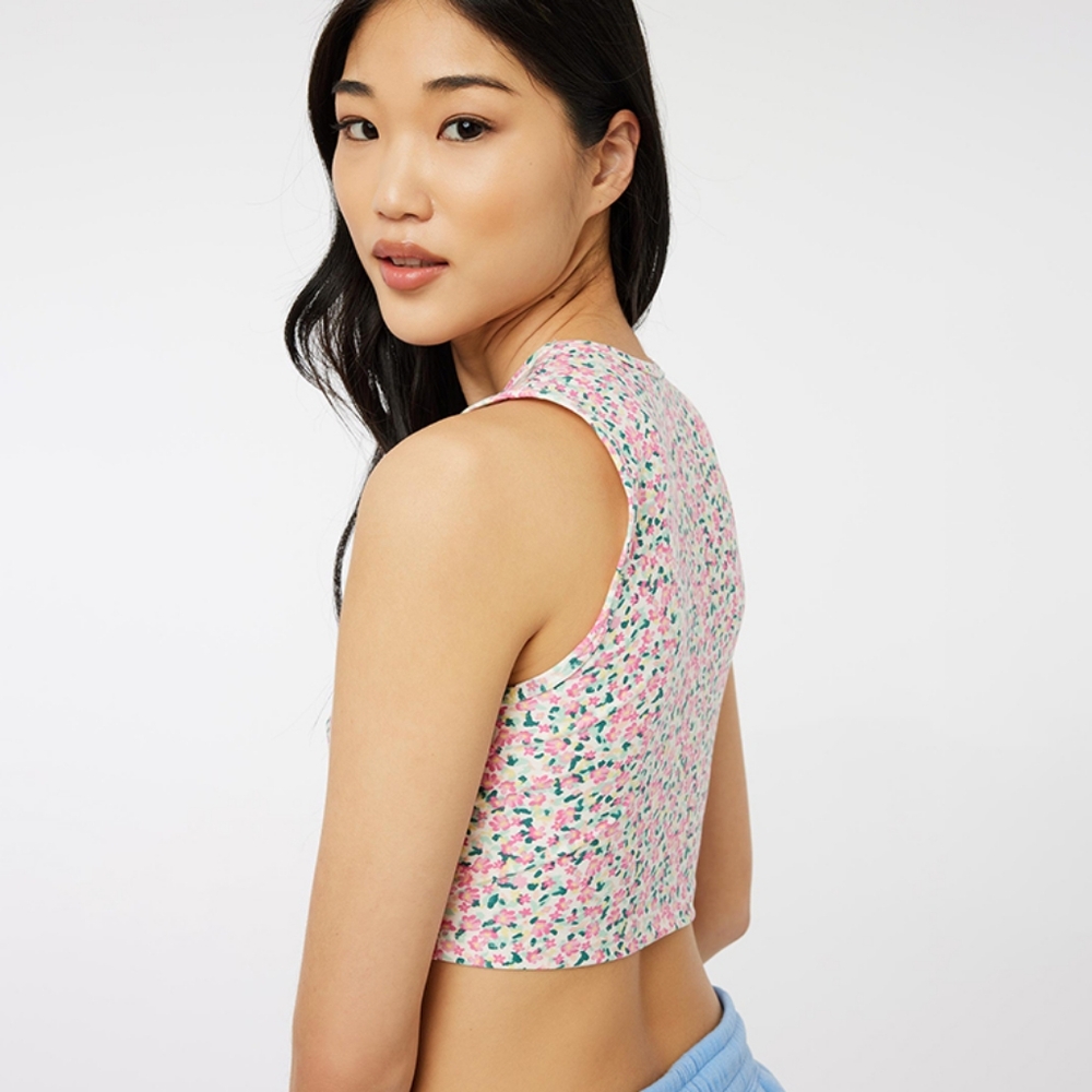 Ardene Floral Sleeveless Crop Top – Pink & Green Micro Flower Print, XL (Fit M) - Picture 8 of 9